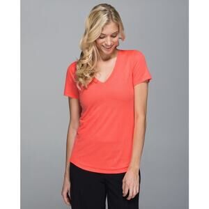 LULULEMON what the sport v-neck short sleeve tee mesh grapefruit Sz 6 READ